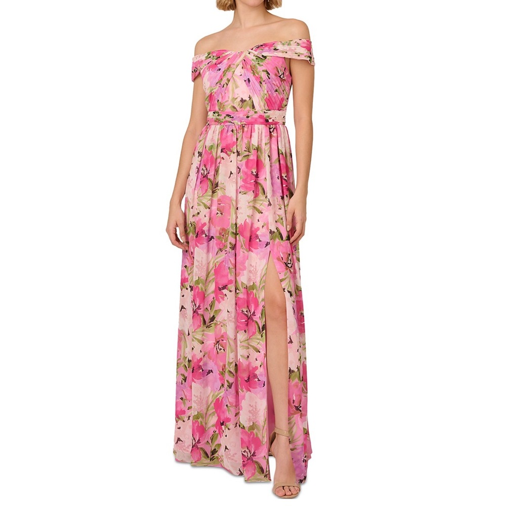 Adrianna Papell Off the shoulder Gown Dress Pink Floral.